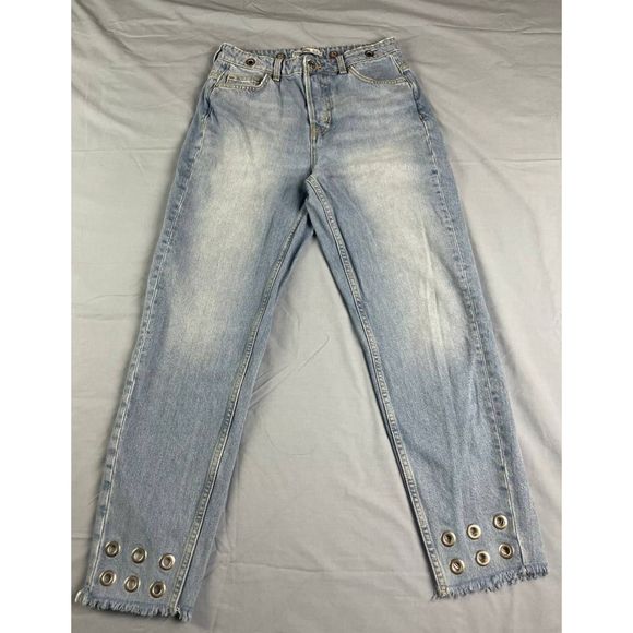 ZARA Denim - ZARA Basic Z1975 Denim High Rise Straight Jeans Grommets Frayed Hem Blue Size 2